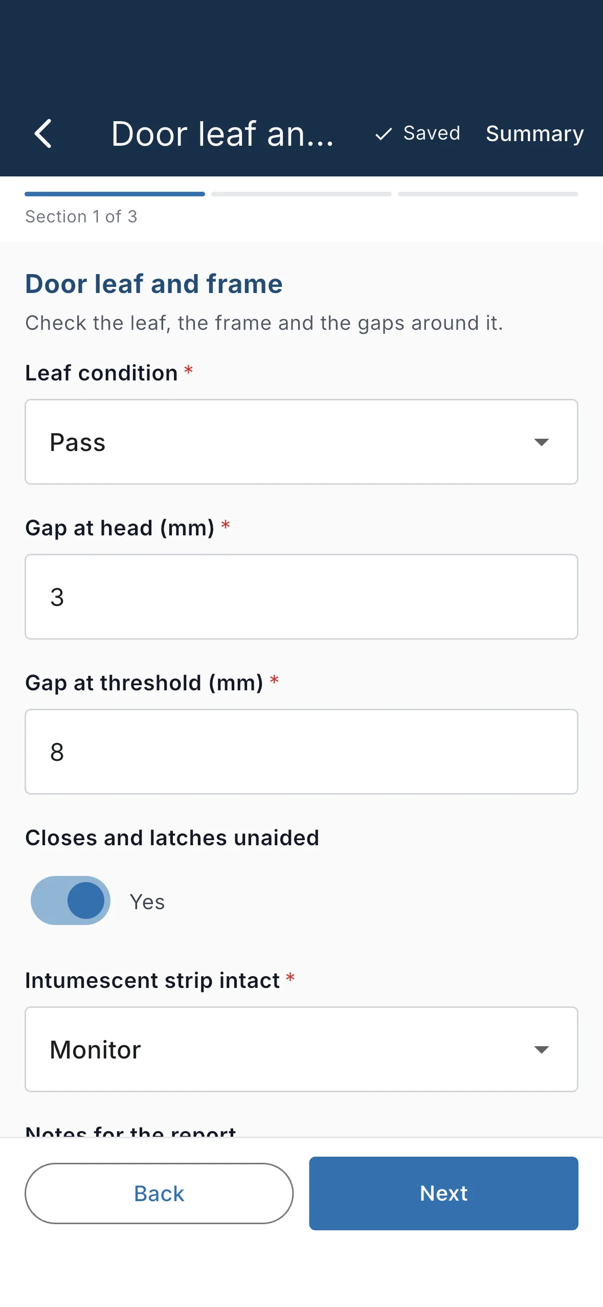 The inspection form open on a phone, offline, with photos and a floor-plan pin